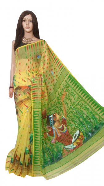 Yellow , Green and Red hand painted full body work Jamdani silk saree